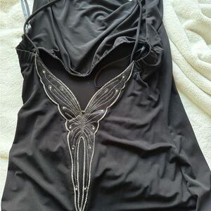 Elegant Black Dress with Beaded Butterfly Design